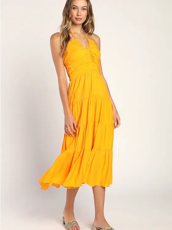 Lulu’s Chasing Sun Marigold Tiered Keyhole Halter Midi Dress Nwt